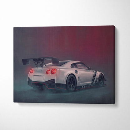 White nissan gt-r r35 race car canvas print with red taillights and black spoiler for automotive wall art