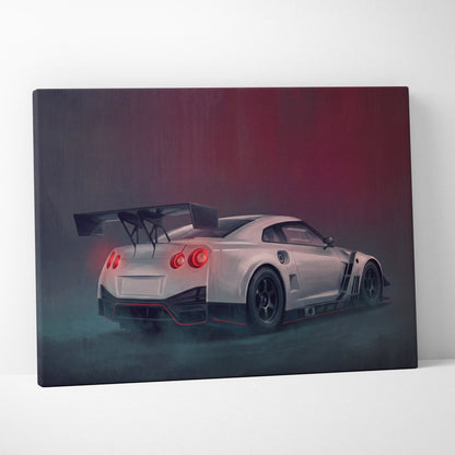 White Nissan GT-R R35 inspired canvas print with red taillights and black racing stripes for garage wall art