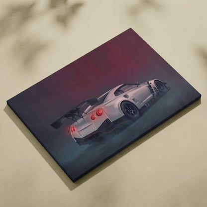 Silver Nissan GT-R R35 canvas print featuring glowing red taillights and a black rear spoiler for garage wall art