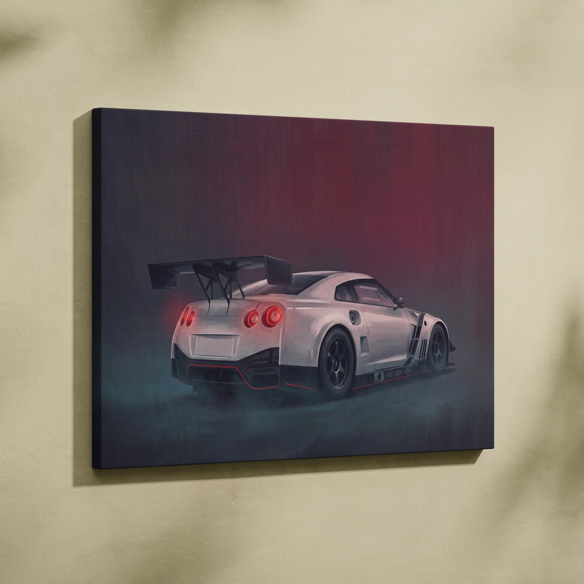 White nissan gt-r r35 inspired automotive canvas print with red taillights and black racing spoiler for garage wall art