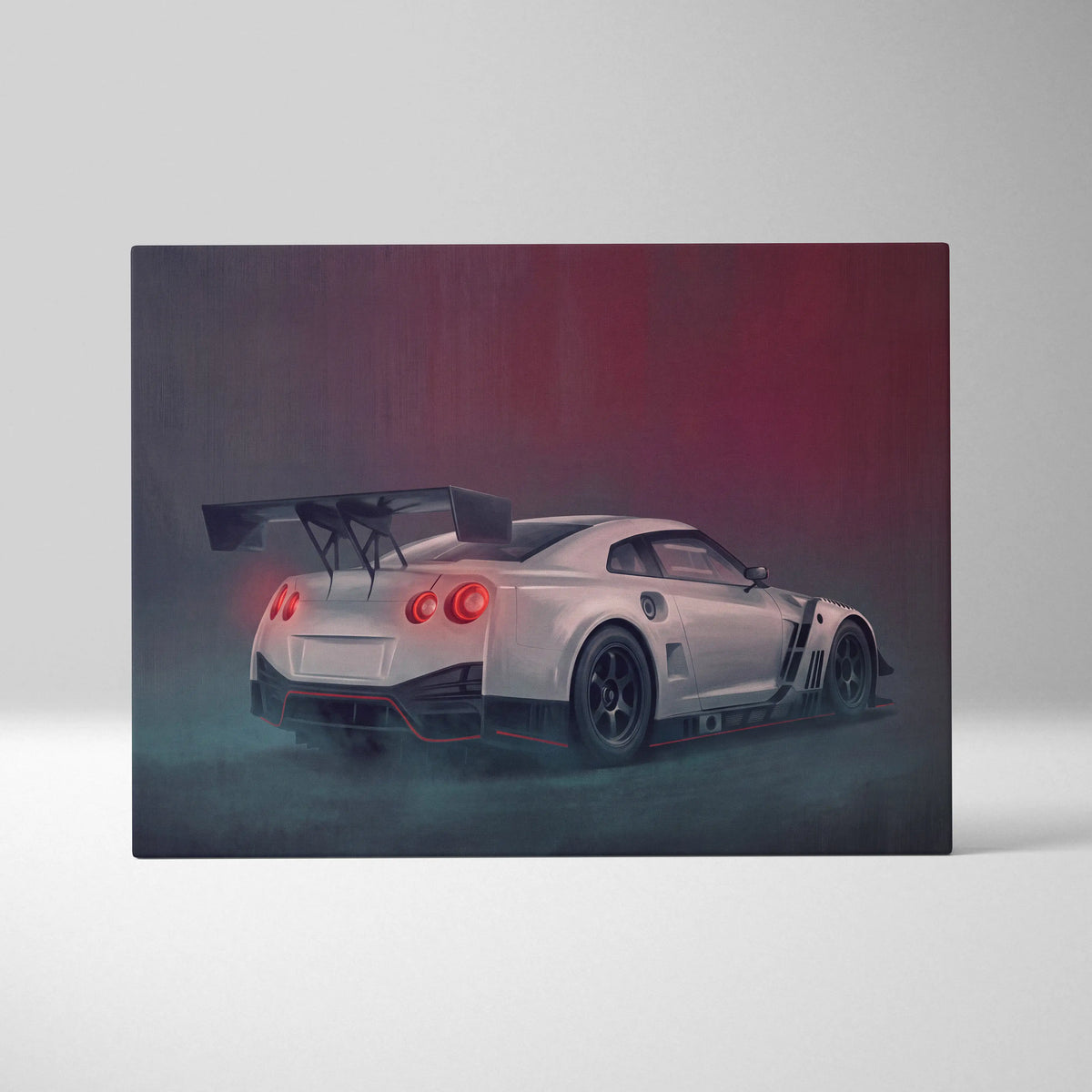 White nissan gt-r race car with red taillights and black spoiler on a canvas print for garage wall art
