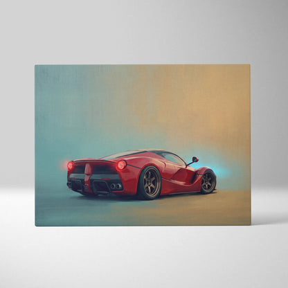 Red ferrari laferrari sports car stylized painting with glowing taillights and blue underglow on luxury canvas wall art