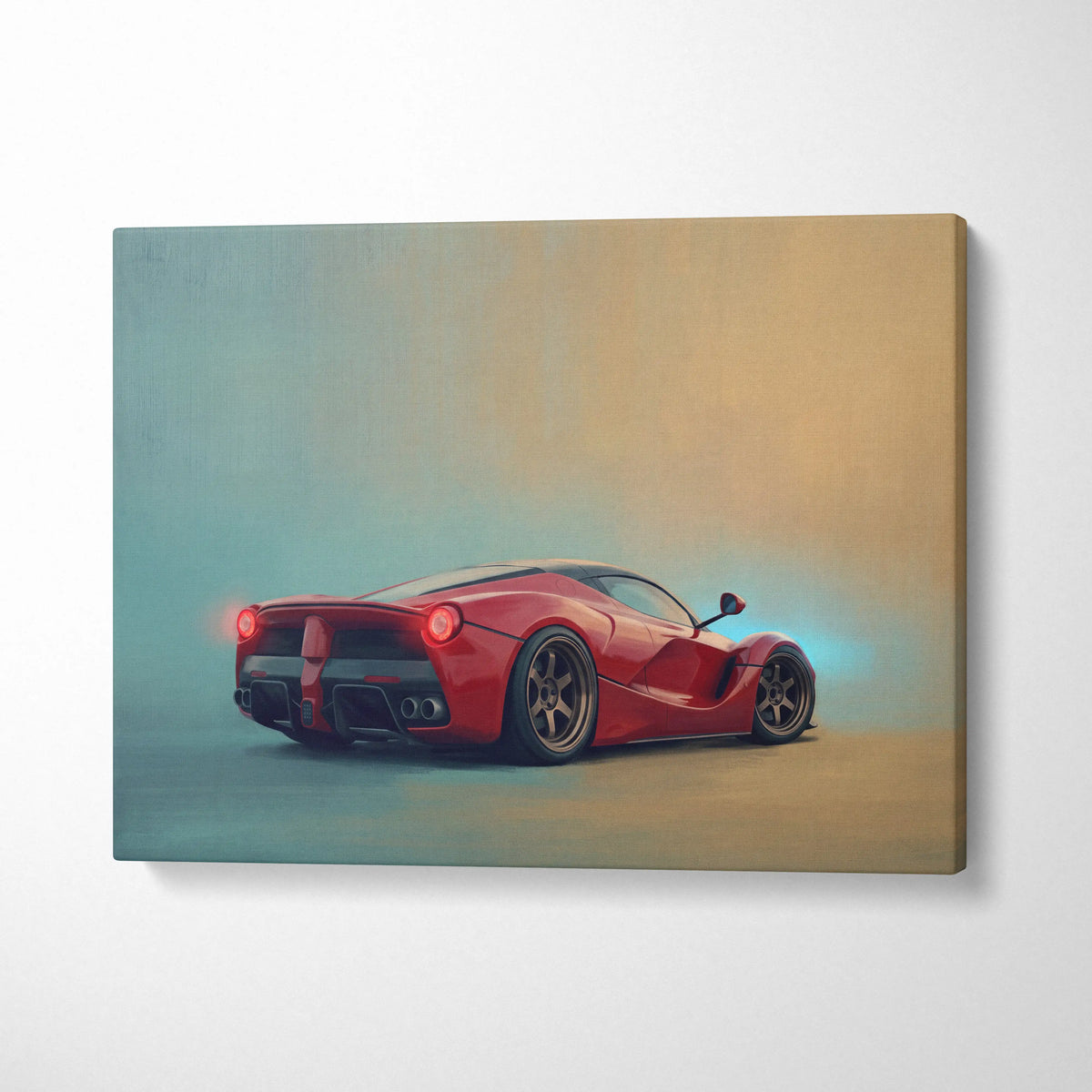 Red Ferrari LaFerrari sports car depicted in a stylized painting on canvas luxury supercar wall art print