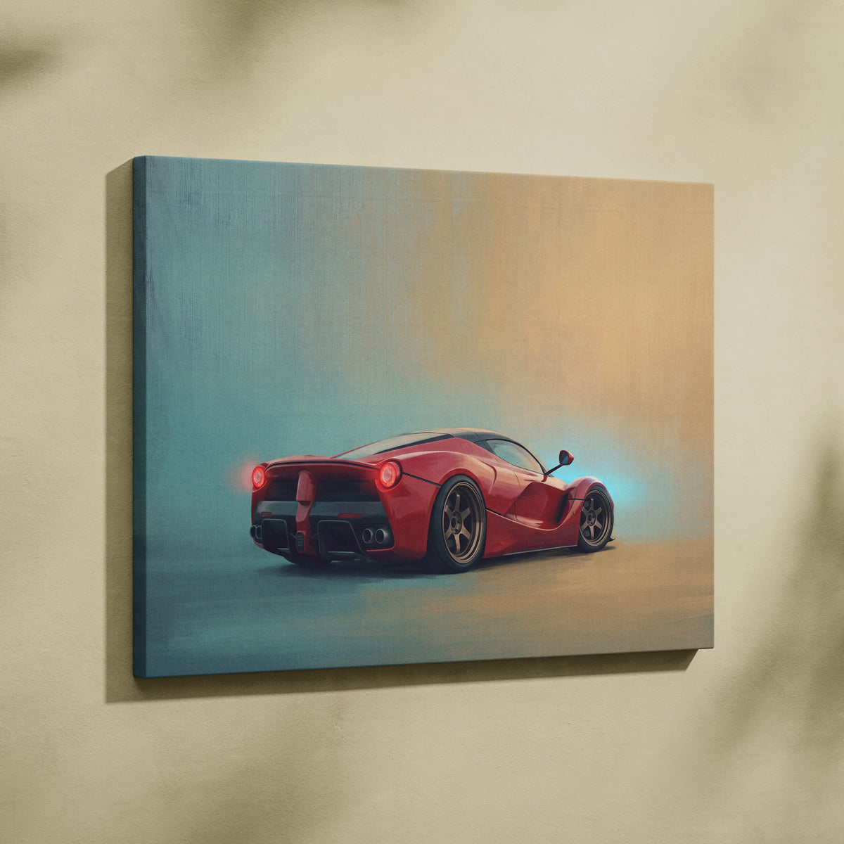 A vibrant red Ferrari LaFerrari sports car depicted in a dynamic rear three-quarter view on an oil painting canvas wall art