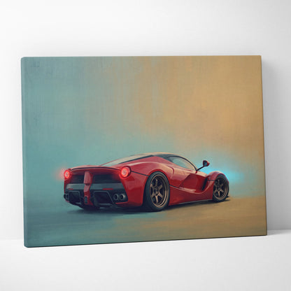Vibrant red Ferrari LaFerrari inspired automotive wall art featuring glowing taillights on a stylized canvas print