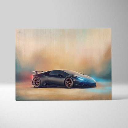 Lamborghini Huracán STO inspired supercar canvas art featuring a black sports car with gold rims and glowing blue headlights