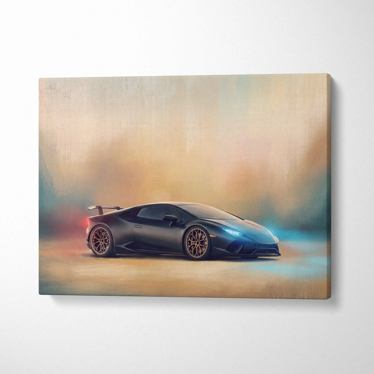 Black Lamborghini Huracán STO inspired canvas art print with gold-rimmed wheels and glowing blue headlights
