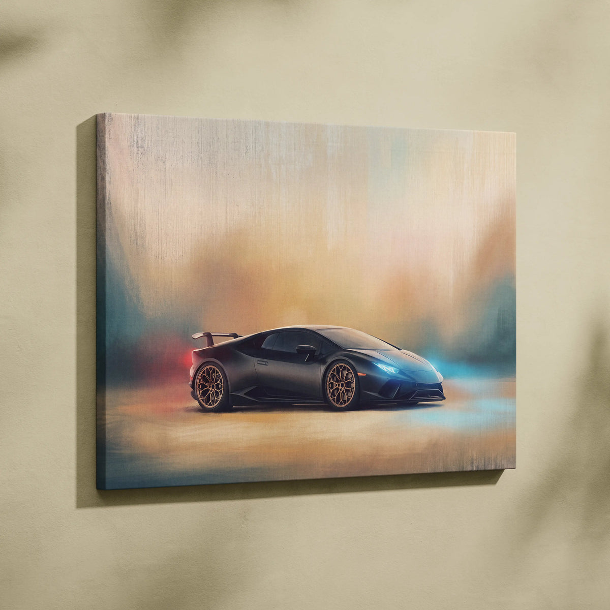 Black lamborghini huracán sto inspired supercar canvas art print with glowing blue and red accents on wall decor