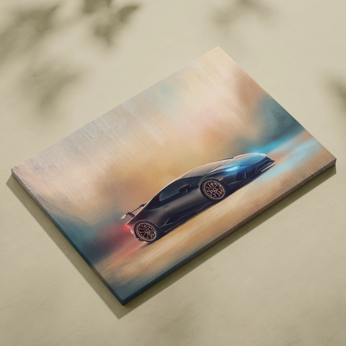 Lamborghini huracán sto inspired black canvas print with dynamic motion blur and glowing blue and red accents