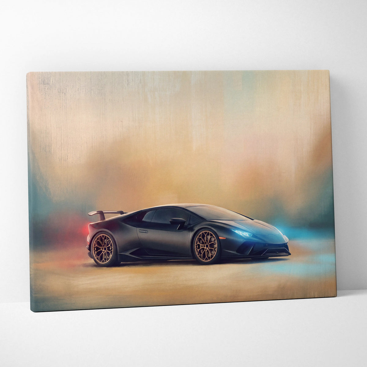 Lamborghini Huracán STO inspired supercar canvas print featuring black car with gold rims and glowing blue headlights