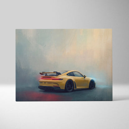 Yellow Porsche 911 GT3 RS sports car with black wheels and rear spoiler in artistic canvas wall decor