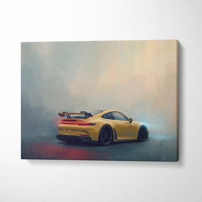 Yellow porsche 911 gt3 rs inspired canvas art featuring sleek design with glowing red taillights and black racing wheels
