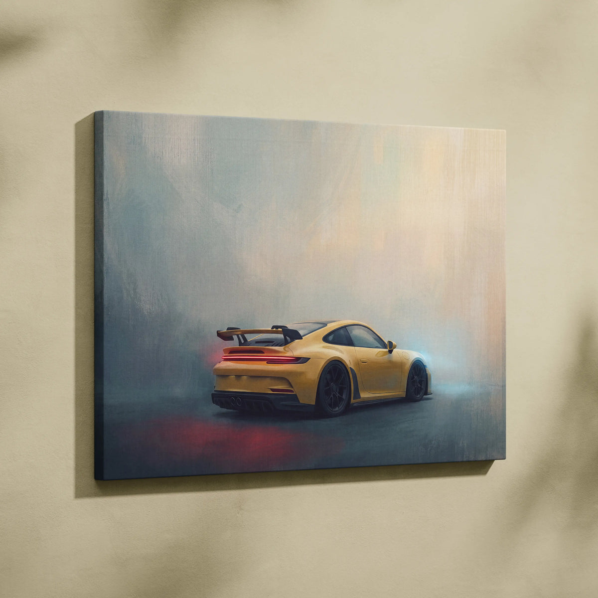 Yellow Porsche 911 GT3 RS inspired canvas art showing the dynamic rear view with glowing taillights and drifting smoke effects