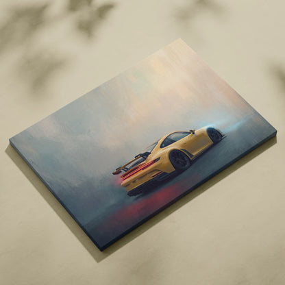 Yellow porsche 911 gt3 rs inspired canvas art featuring a sleek sports car with glowing red taillights and black wheels