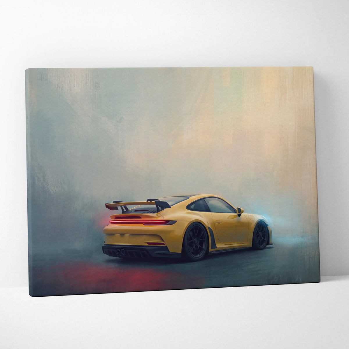 Yellow porsche 911 gt3 rs canvas print featuring sleek aerodynamic design and glowing red taillights for wall decor