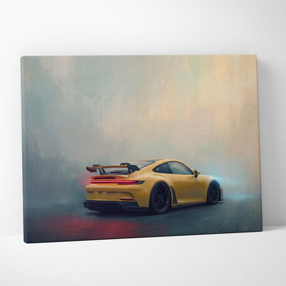 Yellow porsche 911 gt3 rs canvas print featuring sleek aerodynamic design and glowing red taillights for wall decor