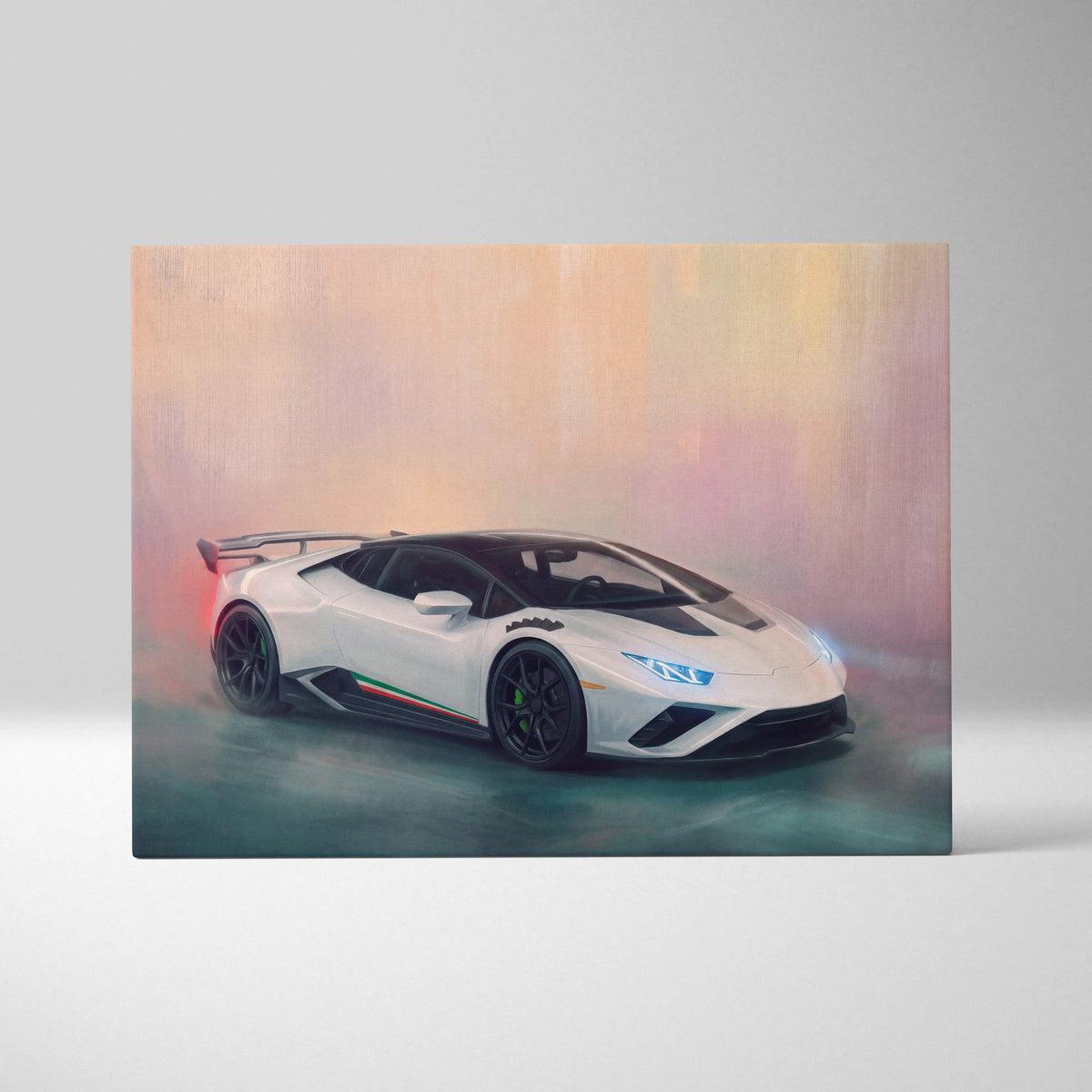 White lamborghini huracán sto inspired supercar canvas art featuring black accents and green brake calipers dynamic artwork