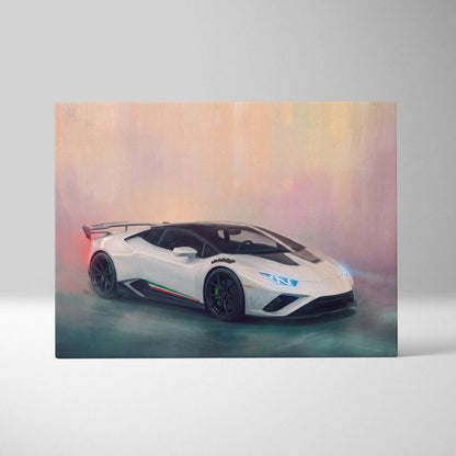 White lamborghini huracán sto inspired supercar canvas art featuring black accents and green brake calipers dynamic artwork