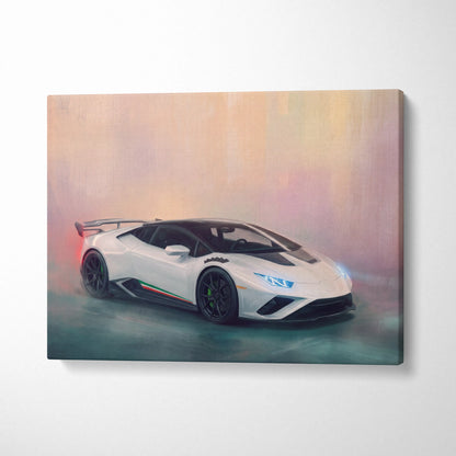 Lamborghini Huracán sto inspired supercar canvas art featuring white car with black accents and italian flag stripes