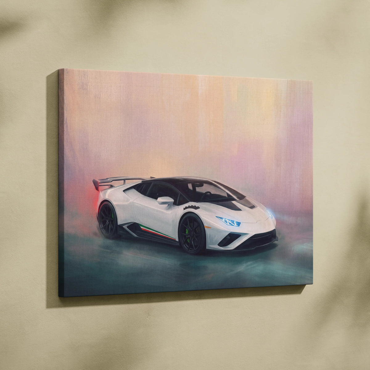 Lamborghini huracán sto inspired supercar canvas art featuring white sports car with black accents and italian tricolor stripe