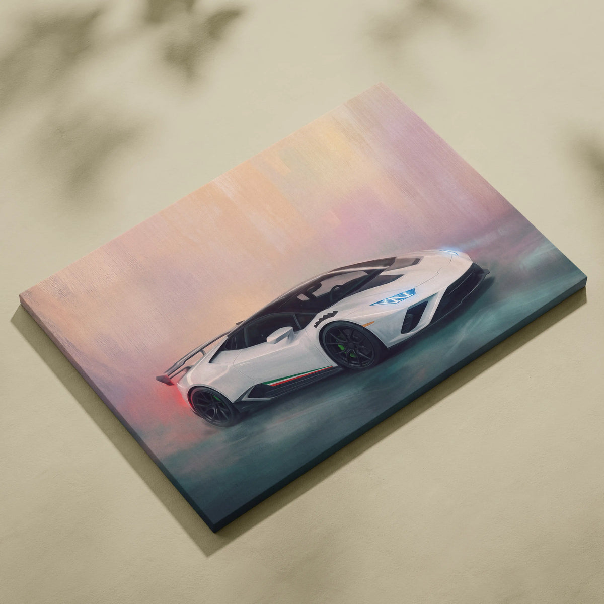 White lamborghini huracán sto inspired supercar canvas art print with black accents and italian flag stripe