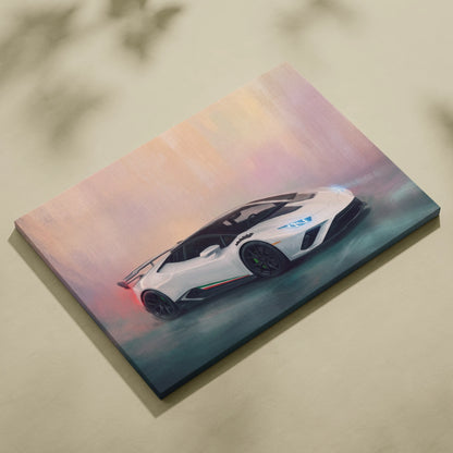 White lamborghini huracán sto inspired supercar canvas art print with black accents and italian flag stripe