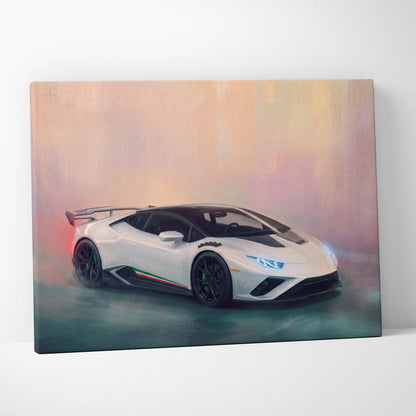 Lamborghini Huracán STO inspired supercar canvas art featuring white sports car with black accents and italian flag stripe