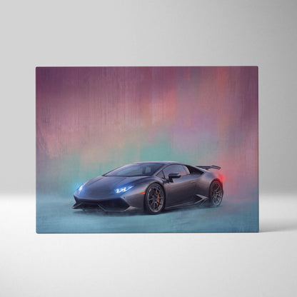 A sleek matte black Lamborghini Huracán sports car with glowing blue and red accents on track edition canvas print