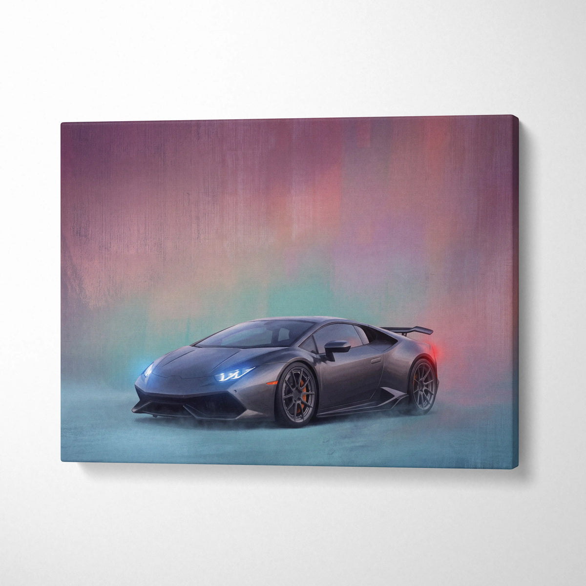 A sleek matte black Lamborghini Huracán canvas print with glowing blue and red accents on a dreamy gradient background