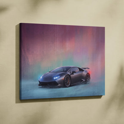Lamborghini Huracán inspired matte black canvas print with glowing blue and red accents against a gradient sky