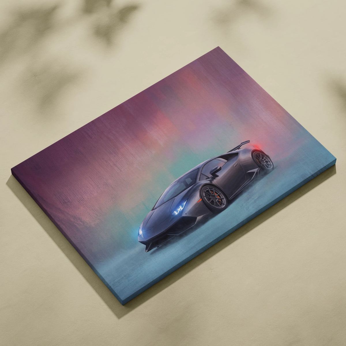 Lamborghini Huracán inspired car wall art featuring a sleek matte black sports car on vibrant purple and teal canvas
