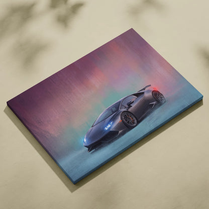 Lamborghini Huracán inspired car wall art featuring a sleek matte black sports car on vibrant purple and teal canvas