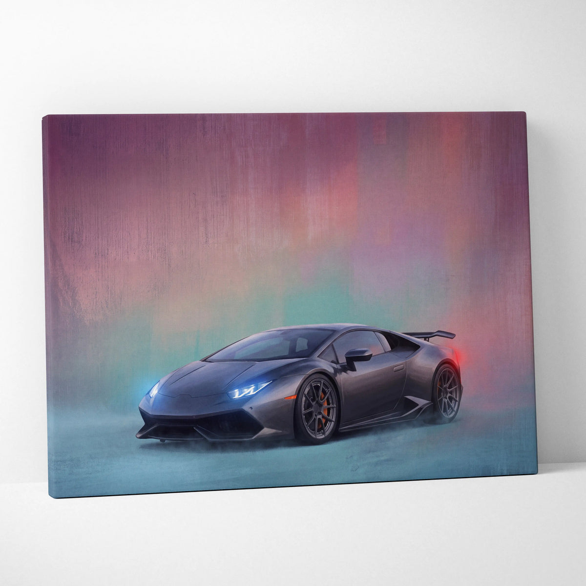Lamborghini Huracán inspired matte black sports car canvas wall art with glowing blue and red accents track edition