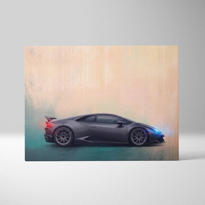 Lamborghini huracán inspired canvas art featuring a sleek matte gray sports car with glowing red and blue taillights