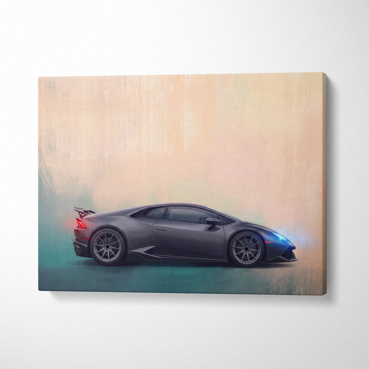 Gray Lamborghini Huracán inspired canvas art featuring sleek sporty design with glowing blue and red accents for wall decor