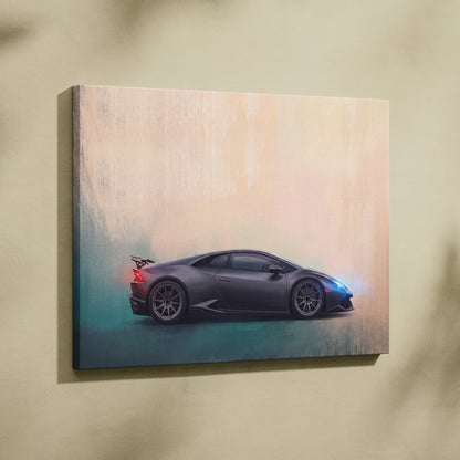 A sleek matte black Lamborghini Huracán canvas art with glowing blue and red accents on wheels and taillights mounted on beige wall
