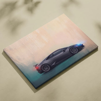 Lamborghini Huracán inspired premium canvas art featuring a sleek black car with glowing blue and red light accents