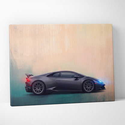 Lamborghini huracán inspired premium automotive canvas art featuring a sleek matte gray car with blue and red light accents