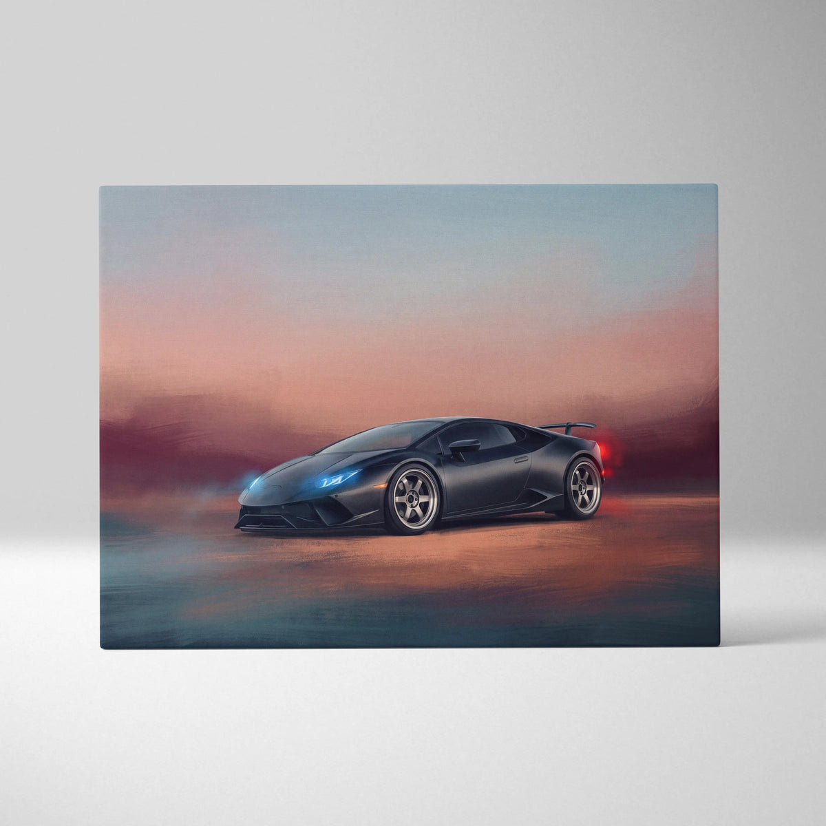 Black matte lamborghini huracán sports car canvas print with glowing blue headlights and red taillights at sunset