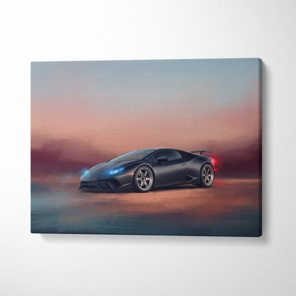 Black Lamborghini Huracán inspired canvas art featuring sleek design with glowing blue headlights and red taillights