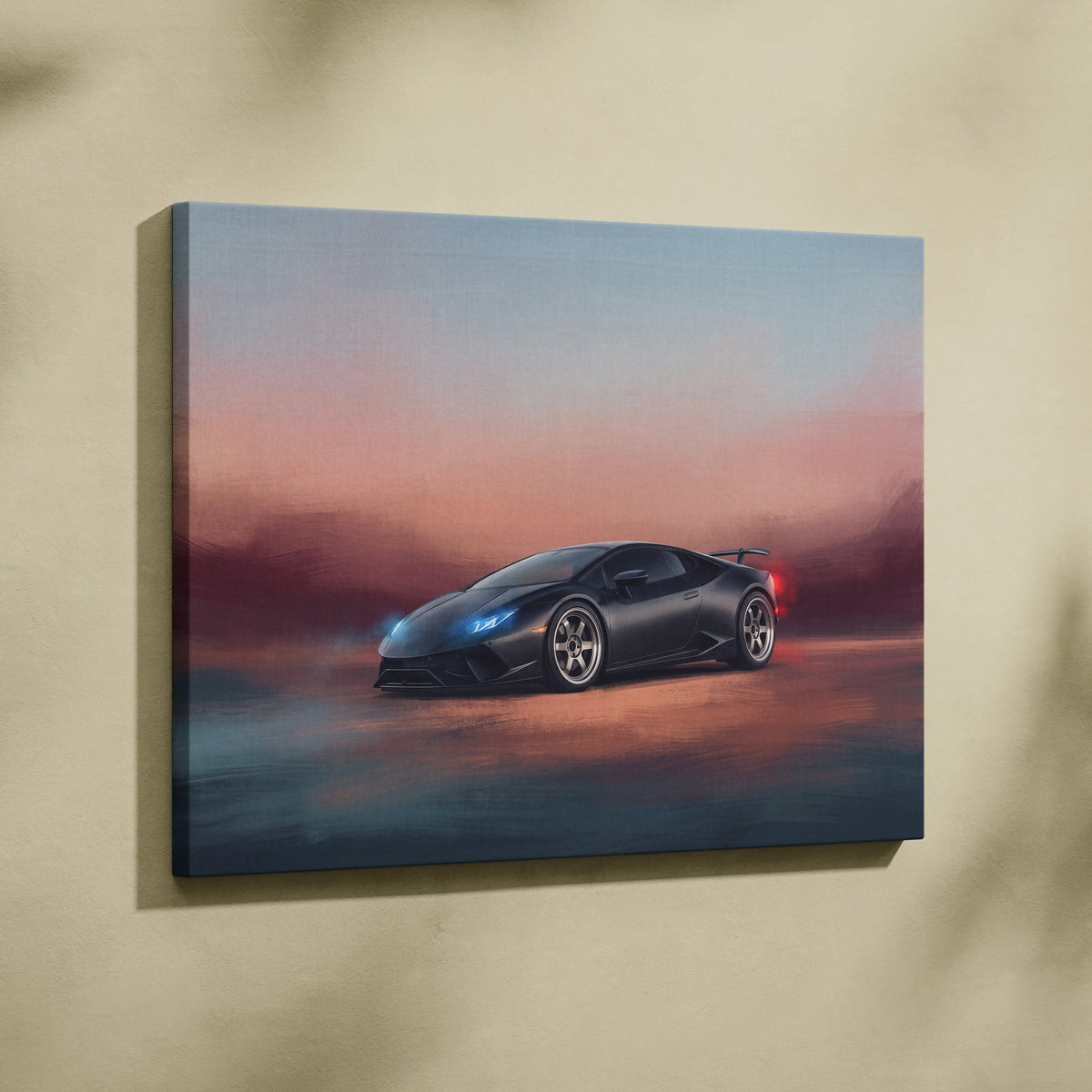 Black lamborghini huracán inspired canvas art featuring a sleek matte finish sports car with blue headlights and sunset background