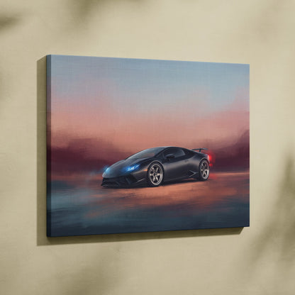 Black lamborghini huracán inspired canvas art featuring a sleek matte finish sports car with blue headlights and sunset background