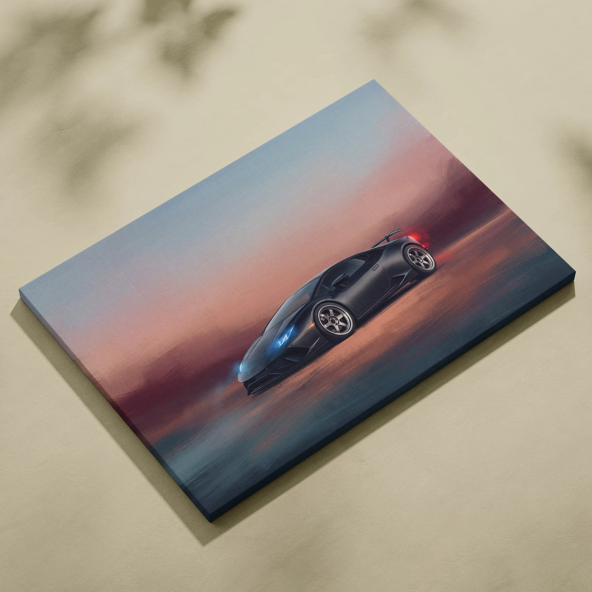 Black lamborghini huracán inspired canvas art features sleek sports car with glowing blue headlights and red taillights