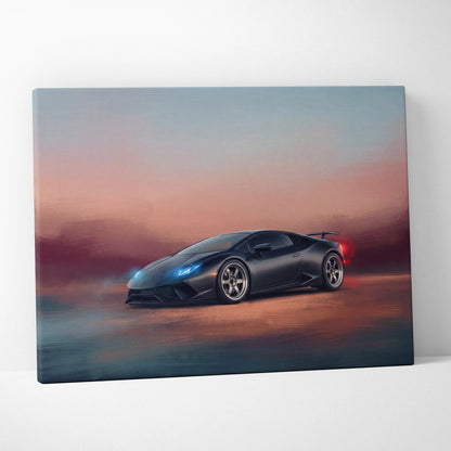 Black Lamborghini Huracán canvas art with glowing blue headlights and red taillights against sunset sky wall decor