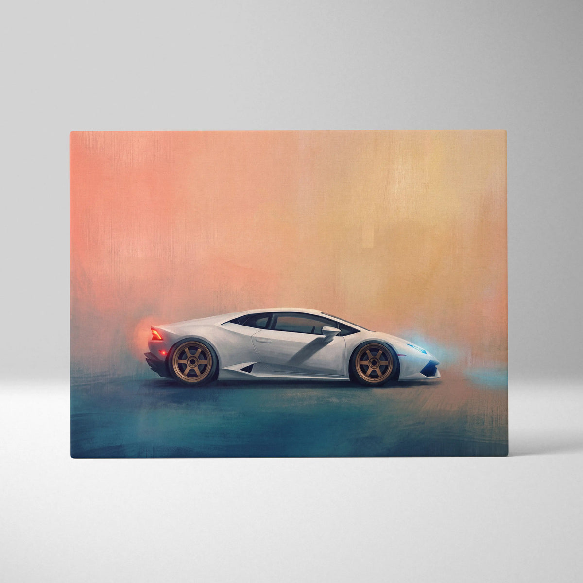 Lamborghini Huracan inspired supercar canvas art featuring a white sports car with glowing orange and blue accents