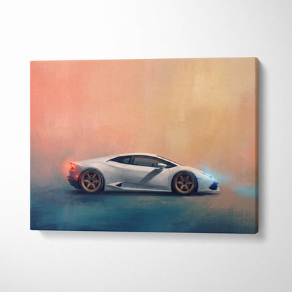 Lamborghini huracán inspired supercar canvas art featuring a white sports car with gold rims and glowing blue and red accents