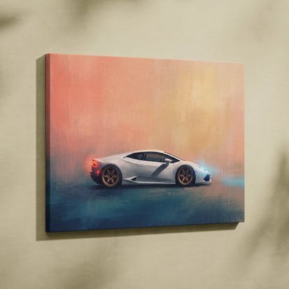 White lamborghini huracán sports car canvas art with glowing orange and blue light effects on sunset background