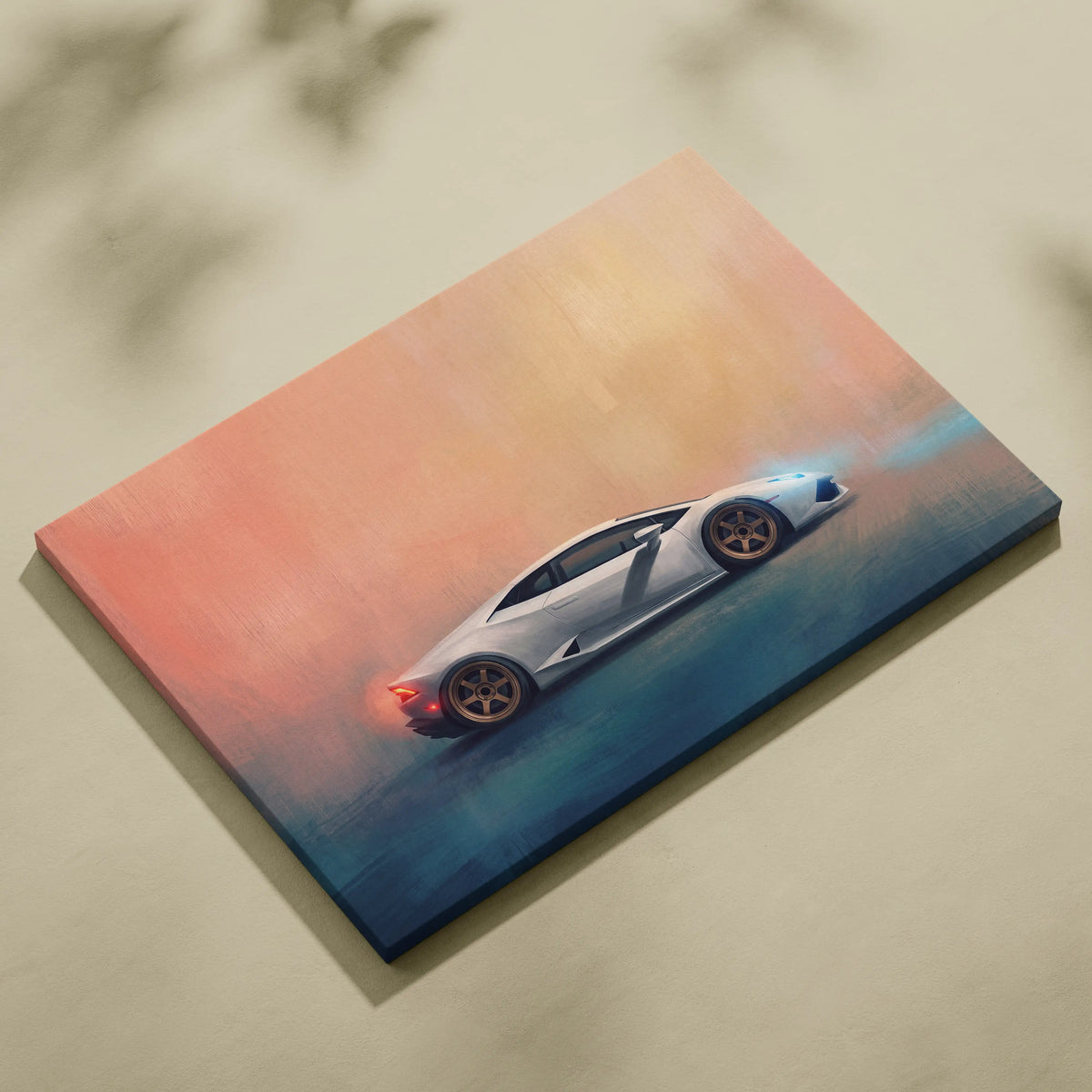 White Lamborghini Huracán inspired supercar canvas art featuring dynamic drift pose on gradient sunset and blue sky background
