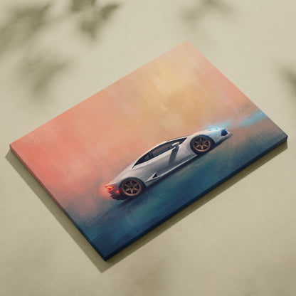 White Lamborghini Huracán inspired supercar canvas art featuring dynamic drift pose on gradient sunset and blue sky background