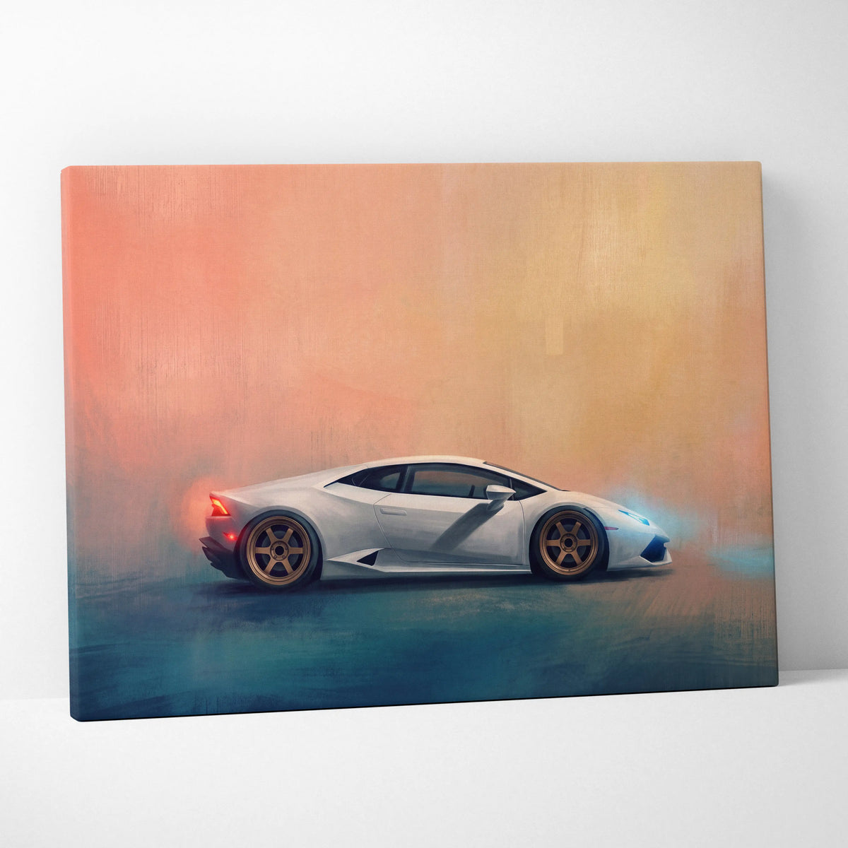 White Lamborghini Huracán sports car stylized painterly illustration on canvas supercar wall art print